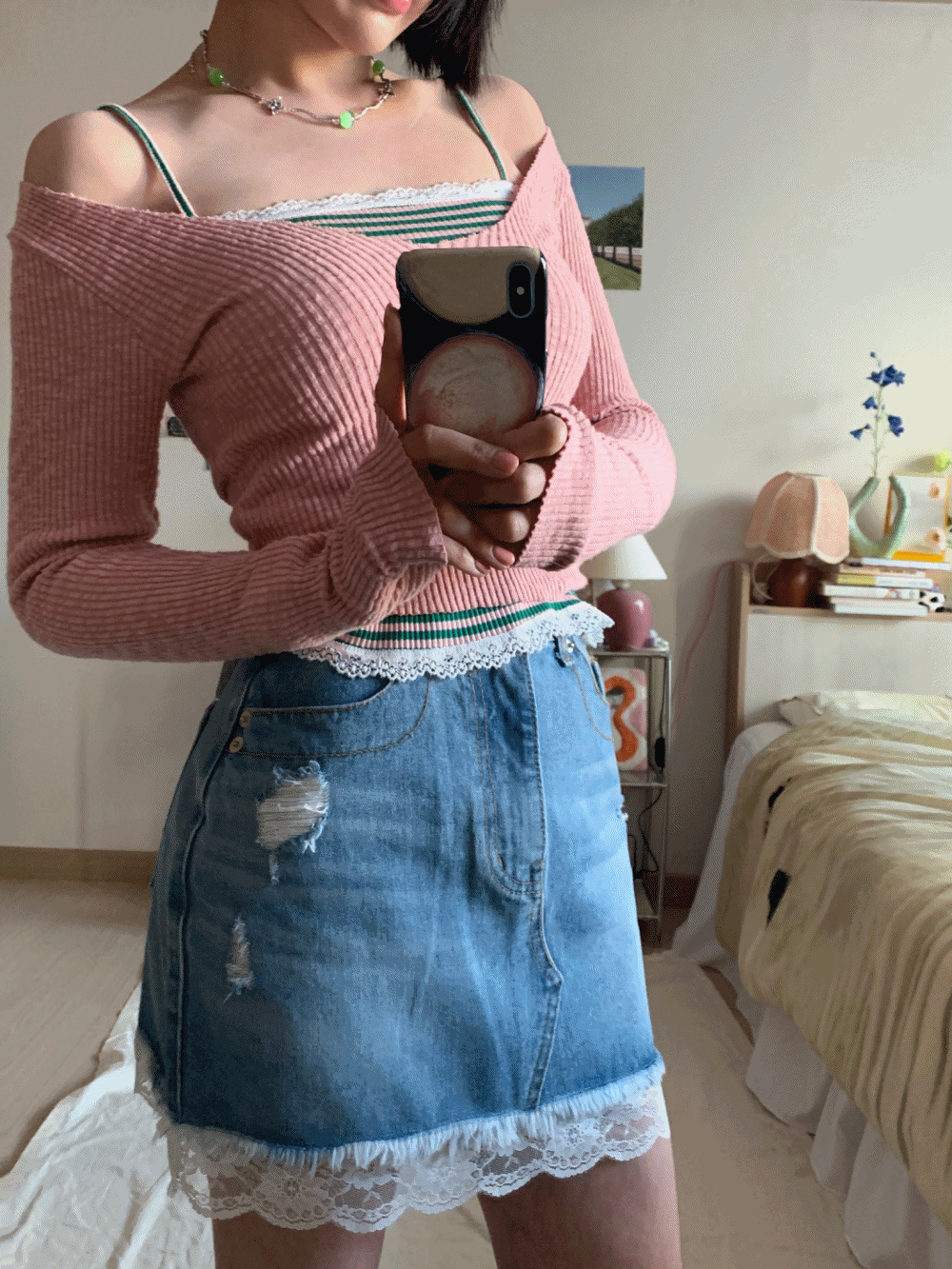 [PREMIUM] [Skirt] Lace Trim Mini Denim Skirt / one color